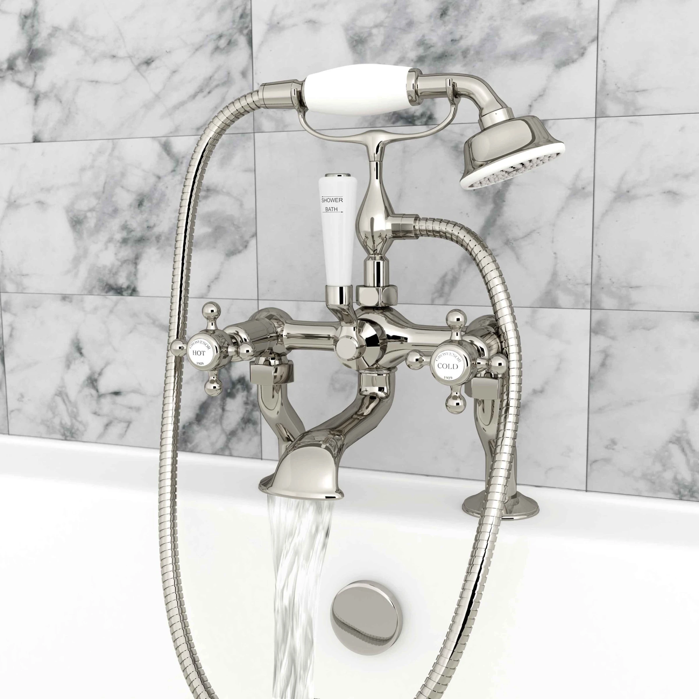 Just Taps Grosvenor Cross Deck Mounted Bath Shower Mixer With Kit Nickel