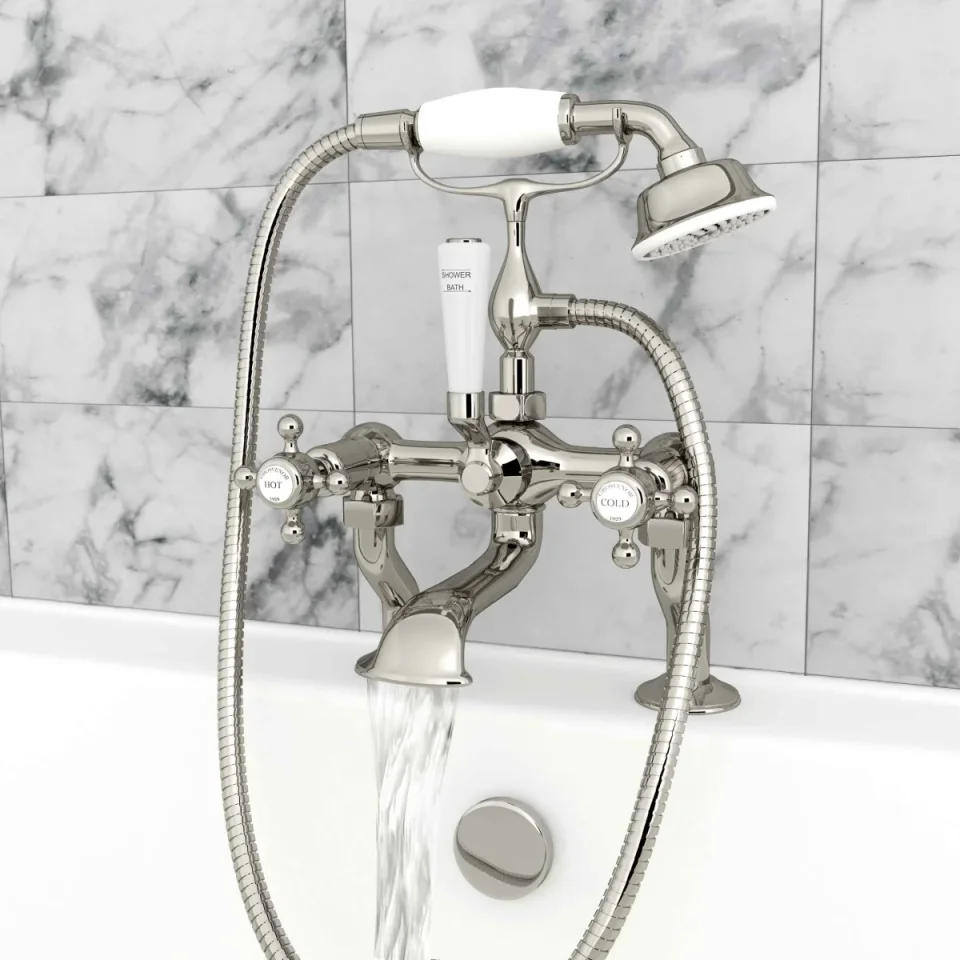 Just Taps Grosvenor Cross Deck Mounted Bath Shower Mixer With Kit Nickel detail view - Image 1
