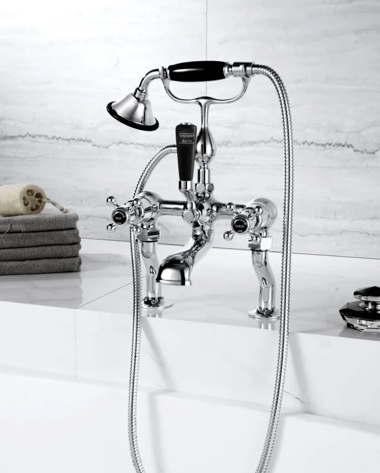 Just Taps Grosvenor Cross Deck Mounted Bsm With Kit Matt Black detail view - Image 1