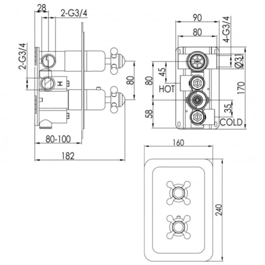 Just Taps Grosvenor Cross Concealed Thermostatic 2 Outlet Valve Chrome detail view - Image 4