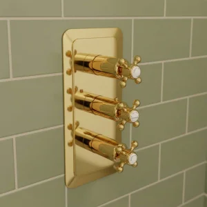 Just Taps Grosvenor Cross Concealed Thermostatic 3 Outlet Valve Vertical Light Gold