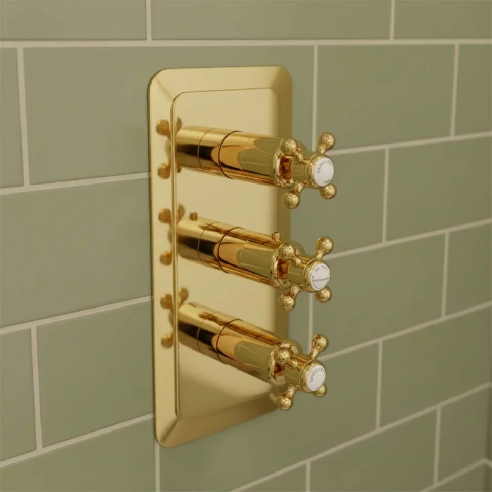 Just Taps Grosvenor Cross Concealed Thermostatic 3 Outlet Valve Vertical Light Gold detail view - Image 1