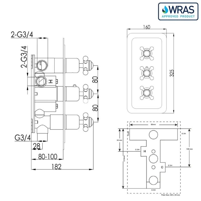 Just Taps Grosvenor Cross Concealed Thermostatic 3 Outlet Valve Vertical Light Gold detail view - Image 6
