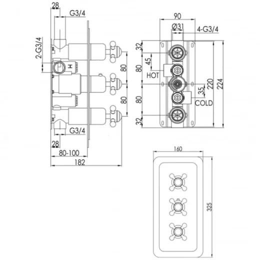 Just Taps Grosvenor Cross Conealed Thermostatic 2 Outlet Valve Vertical detail view - Image 4