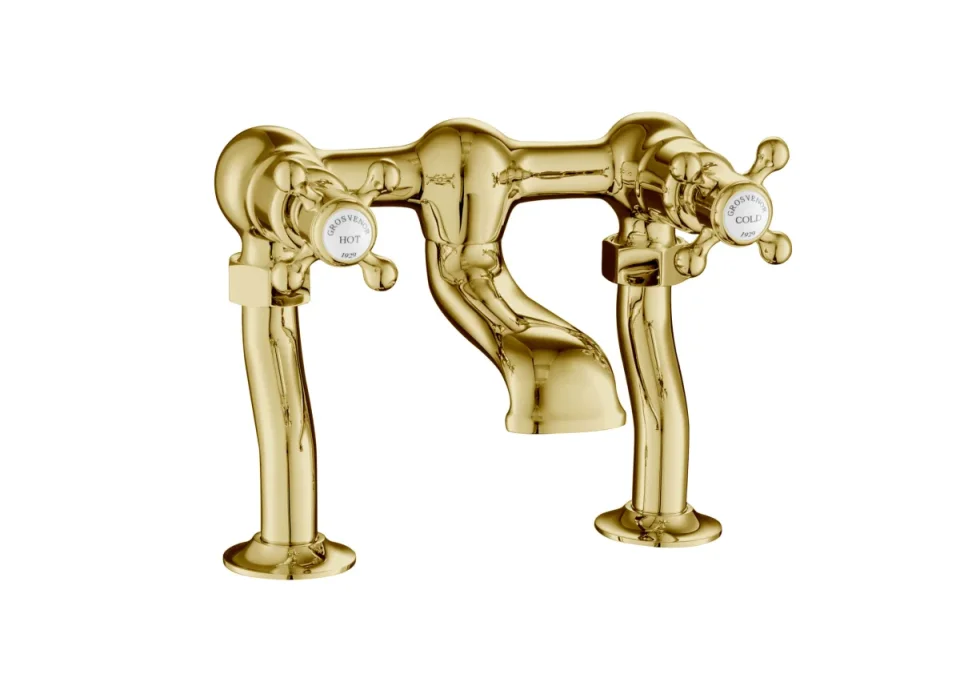 Just Taps Grosvenor Cross Deck Mounted Bath Filler Light Gold detail view - Image 1