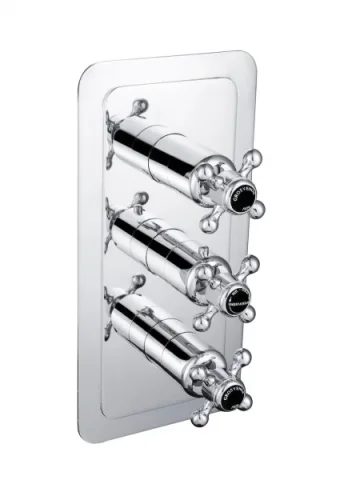 Just Taps Grosvenor Cross Conc Thermostatic 3 Outlet Valve Vertical Matt Black detail view - Image 1