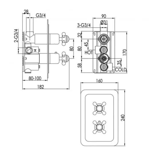 Just Taps Grosvenor Cross Concealed Thermostatic 1 Outlet Valve Chrome detail view - Image 4