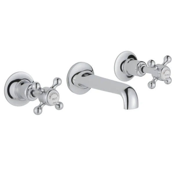 Just Taps Grosvenor Cross 3 Hole Wall Mounted Basin Mixer With Spout Chrome