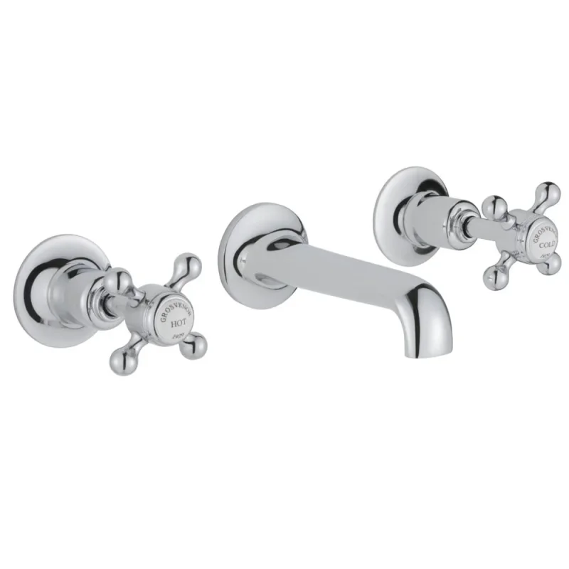 Just Taps Grosvenor Cross 3 Hole Wall Mounted Basin Mixer With Spout Chrome detail view - Image 1