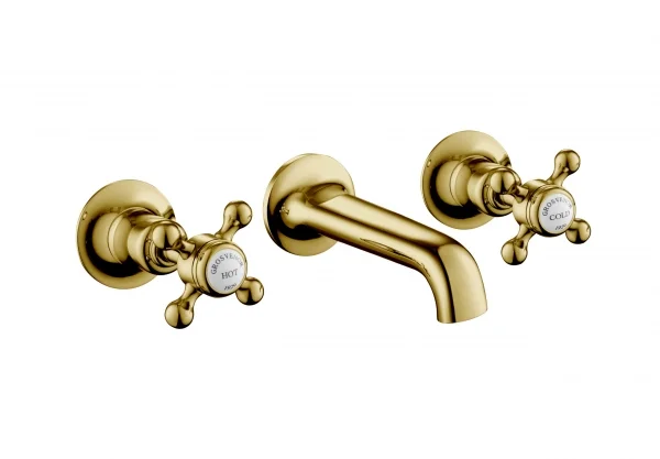 Just Taps Grosvenor Cross 3 Hole Wall Mounted Bm With Spout Light Gold