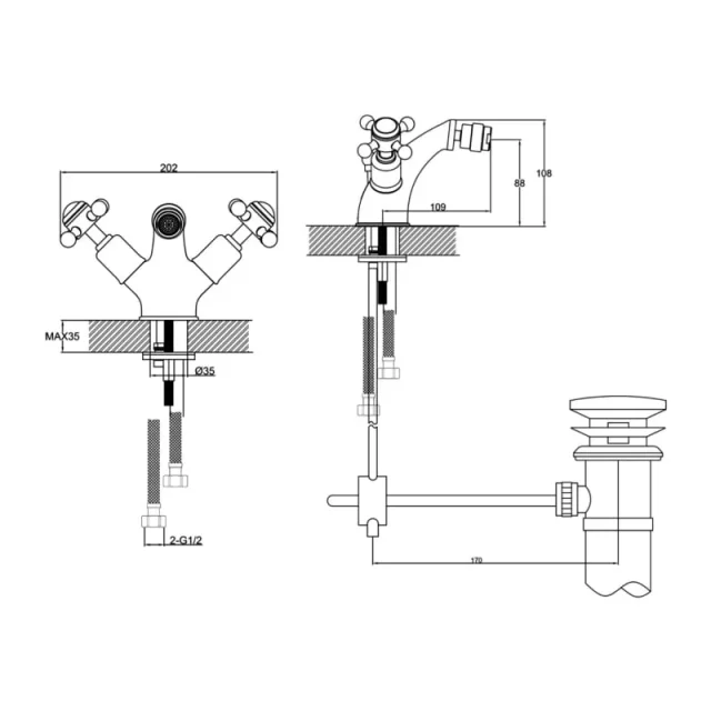 Just Taps Grosvenor Cross Bidet Mixer With Pop Up Waste Chrome detail view - Image 5
