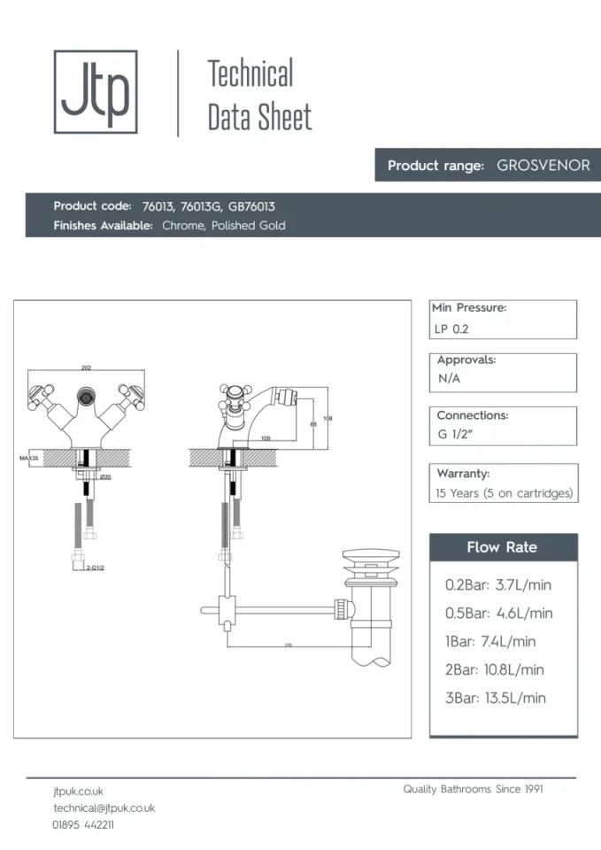 Just Taps Grosvenor Cross Bidet Mixer With Pop Up Waste Chrome detail view - Image 6