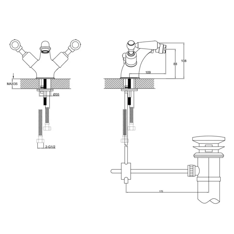 Just Taps Grosvenor Bidet Mixer With Pop Up Waste detail view - Image 4