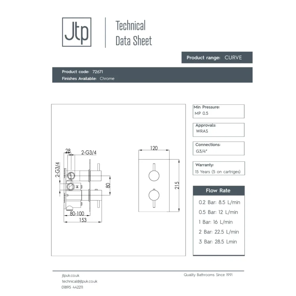 Just Taps Curve Thermostatic Shower Valve 3 Options Chrome detail view - Image 2