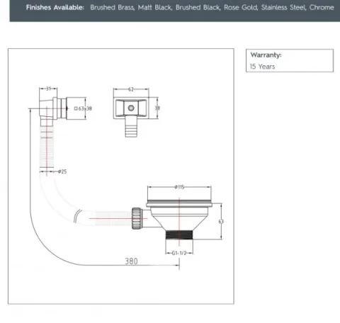 Just Taps Basket Strainer Waste Square Overflow Brushed Black detail view - Image 2