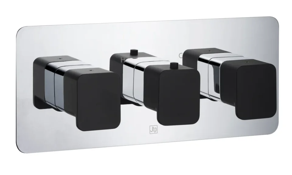 Just Taps Axel Thermo Concealed 3 Outlet Shower Valve Matt Black Handle Chrome detail view - Image 1