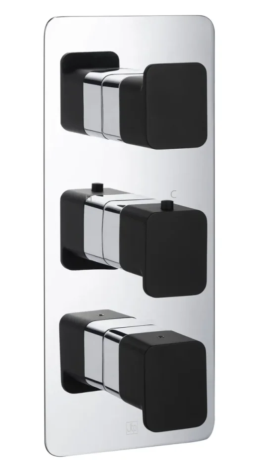 Just Taps Axel Thermo Concealed 3 Outlet Shower Valve Matt Black Handle Chrome detail view - Image 1