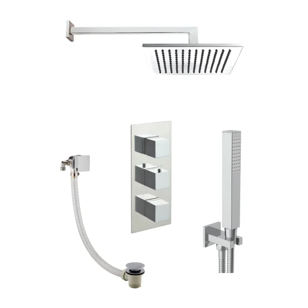 Just Taps Athena 2 Outlet Shower Valve, Slimline Exofil Click Clack Shower Arm, 400mm, Overhead Shower 200mm