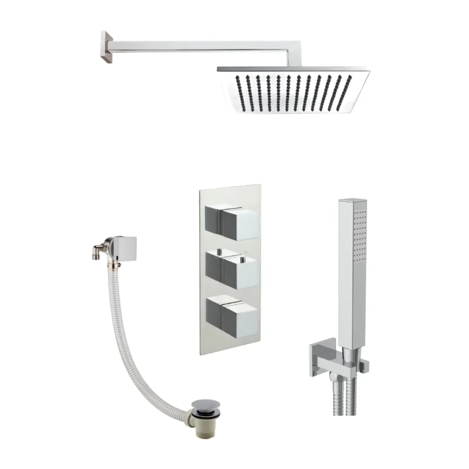 Just Taps Athena 2 Outlet Shower Valve, Slimline Exofil Click Clack Shower Arm, 400mm, Overhead Shower 200mm detail view - Image 1