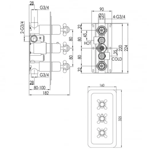 Just Taps Grosvenor Cross Conealed Thermostatic 2 Outlet Valve Vertical product image - Image 2