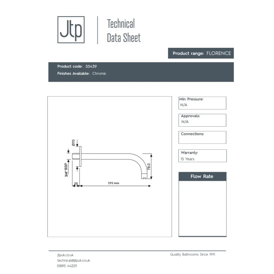 Just Taps Florence Bath Spout 195mm With Wall Flange Chrome detail view - Image 3
