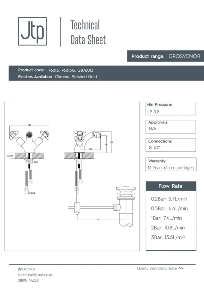 Just Taps Grosvenor Cross Bidet Mixer With Pop Up Waste Chrome detail view - Image 4