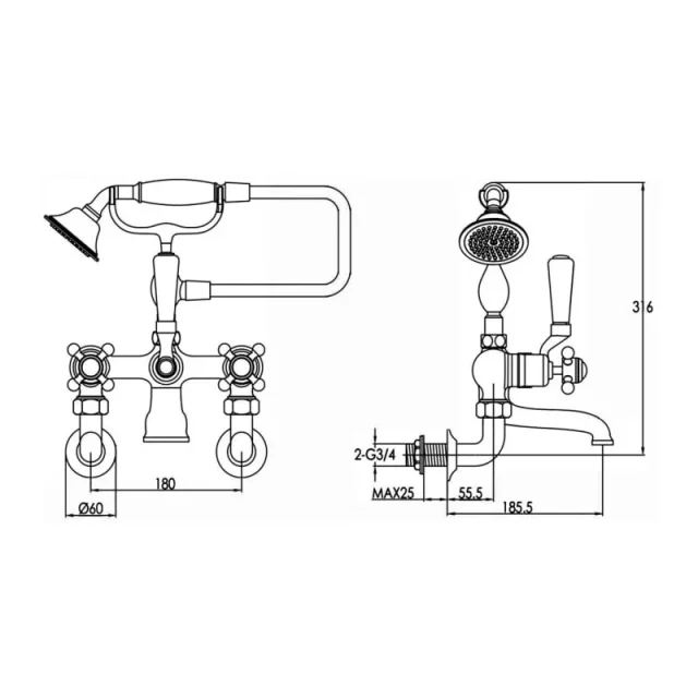 Just Taps Grosvenor Cross Wall Mounted Bsm With Kit Matt Black product image - Image 2