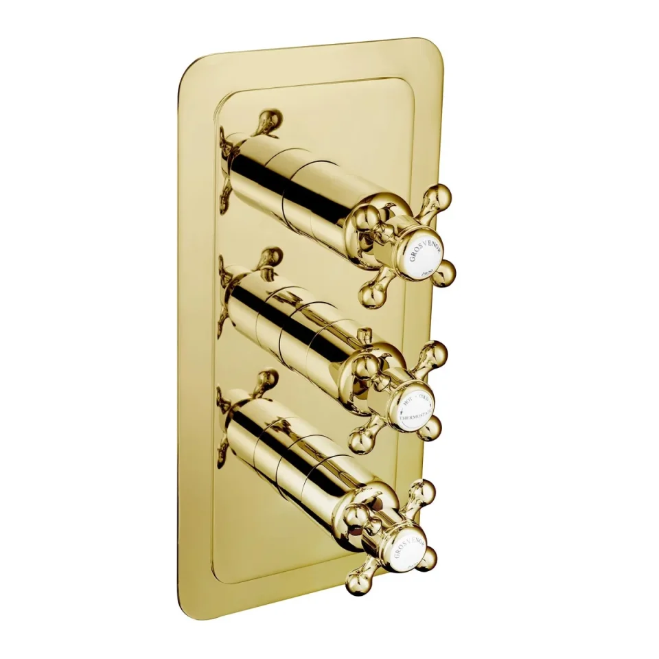 Just Taps Grosvenor Cross Concealed Thermostatic 3 Outlet Valve Vertical Light Gold detail view - Image 4