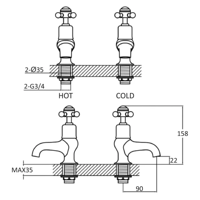 Just Taps Grosvenor Cross Bath Taps Chrome product image - Image 2
