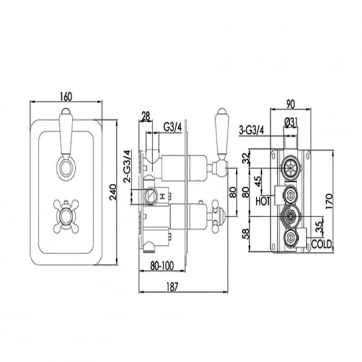 Just Taps Grosvenor Lever Concealed Thermostatic 1 Outlet Valve Vertical Chrome detail view - Image 3