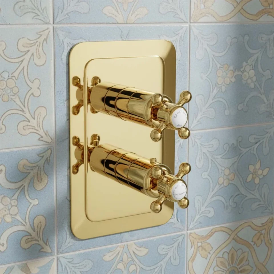 Just Taps Grosvenor Cross Thermo Concealed 2 Outlet Shower Valve Vertical  Light Gold detail view - Image 3