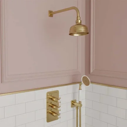 Just Taps Grosvenor Cross Thermo Concealed 2 Outlet Shower Valve Vertical  Light Gold detail view - Image 5