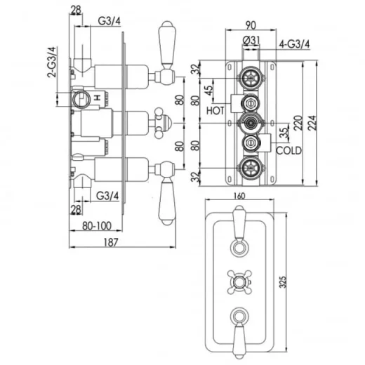 Just Taps Grosvenor Lever -Therm 2 Outlet Valve Horizontal Matt Black detail view - Image 3