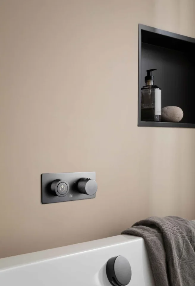 Just Taps Evo Thermostatic Concealed Push Button 2 Outlet Shower Valve Matt Black detail view - Image 3