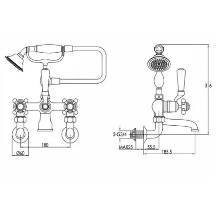 Just Taps Grosvenor Lever Wall Mounted Bath Shower Mixer With Kit Matt Black detail view - Image 3