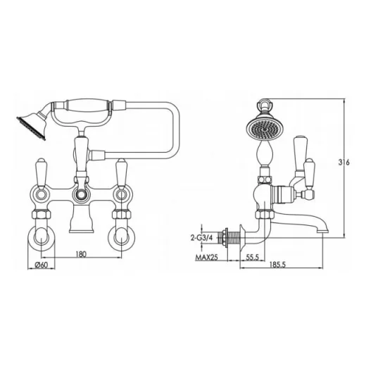 Just Taps Grosvenor Lever Wall Mounted Mounted Bath Shower Mixer With Kit Nickel product image - Image 3
