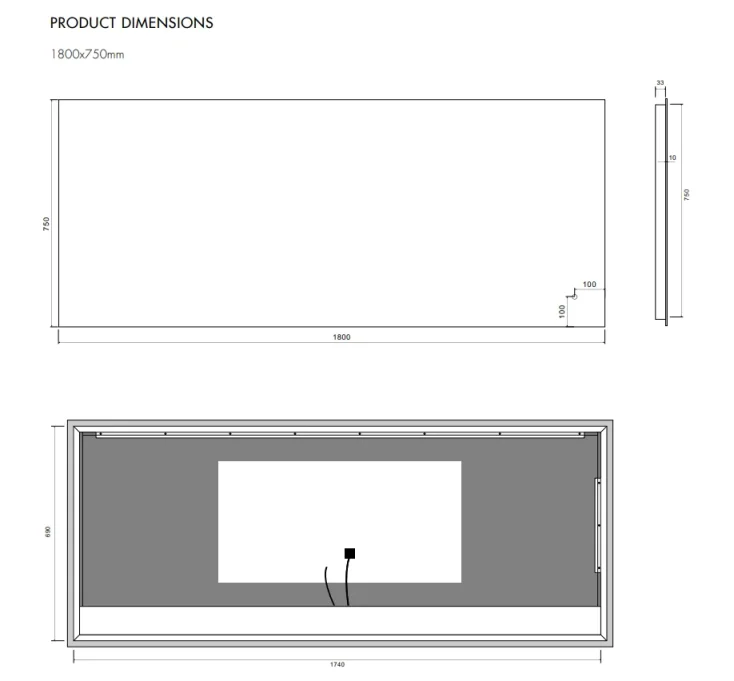 Faeber Glow 1800 Steam Free LED Illuminated Mirror technical drawing - Image 2