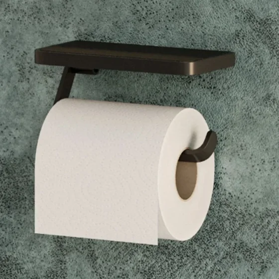 Hib Atto (black) Toilet Roll Holder With Shelf & Anti-slip Mat detail view - Image 1