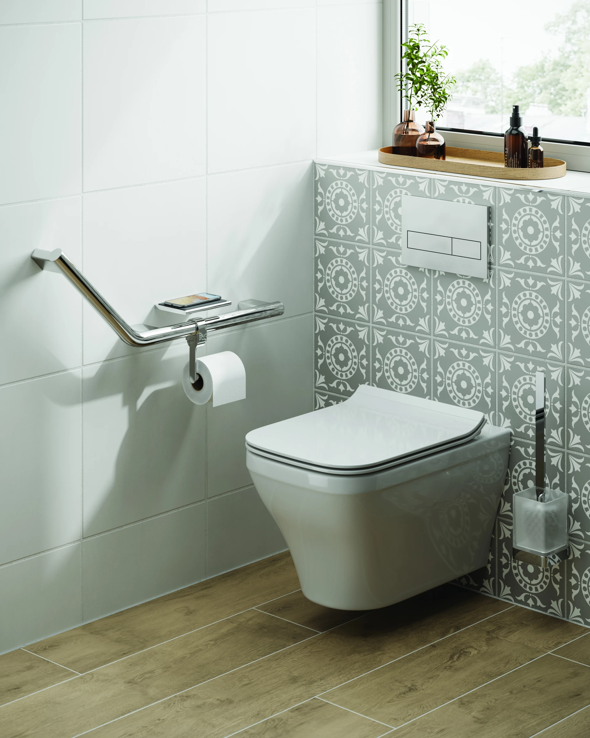 Hib Angled Grab Rail With Toilet Roll Holder & Shelf (left)