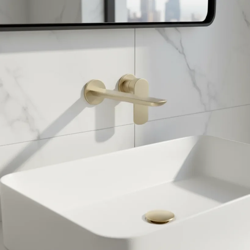 Ava Purity 2 Hole Wall Mounted Basin Mixer W/ Flanges 3.0 - Brushed Brass detail view - Image 3