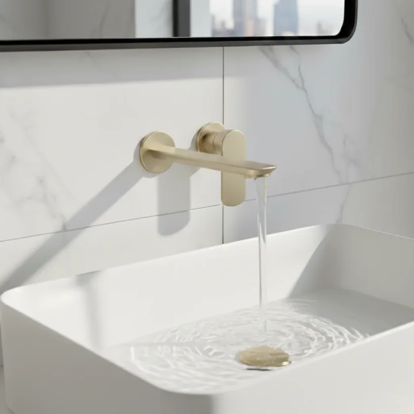 Ava Purity 2 Hole Wall Mounted Basin Mixer W/ Flanges 3.0 - Brushed Brass detail view - Image 4