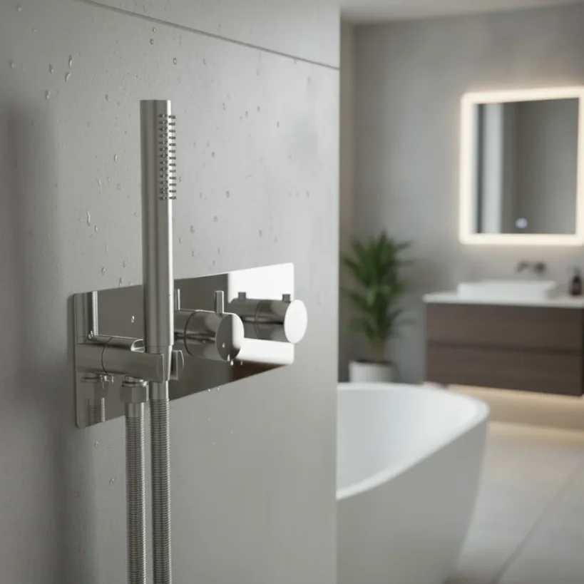 Ava Trend 2 Way 2 Handle Thermostatic Valve With Built In Hand Shower W/3 Hole Backplate 3.0 - Polished Stainless Steel detail view - Image 4
