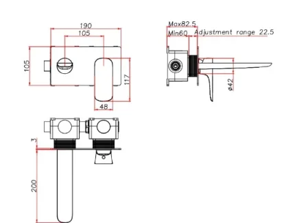 Ava Purity 2 Hole Wall Mounted Bath Mixer W/ Backplate 3.0 - Brushed Black technical drawing - Image 2
