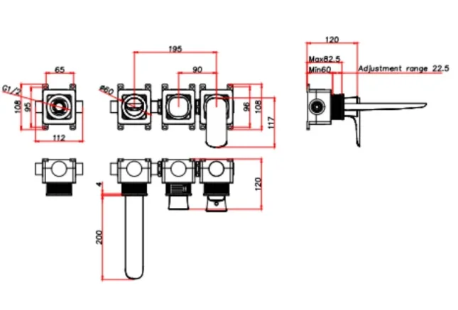 Ava Purity Thermostatic 4 Hole Wall Mounted Bath Shower Mixer 3.0 - Brushed Black technical drawing - Image 2