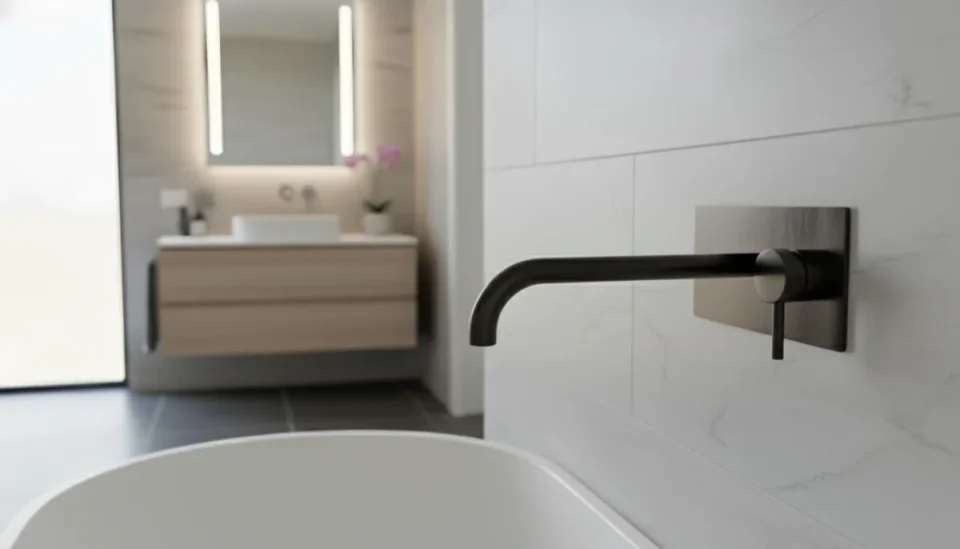 Ava Trend 2 Hole Wall Mounted Bath Mixer W/ Backplate 3.0 - Brushed Black detail view - Image 2