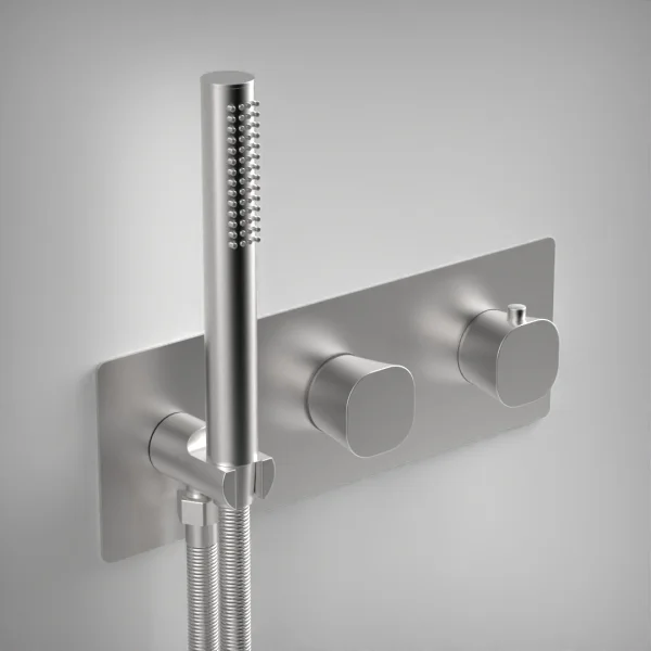 Ava Purity 2 Way 2 Handle Thermostatic Valve With Built In Hand Shower W/3 Hole Backplate 3.0 - Brushed Stainless Steel