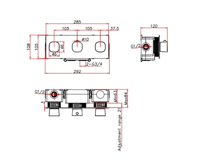 Ava Purity 3 Way 3 Handle Thermostatic Valve W/ Backplate 3.0 - Polished Stainless Steel technical drawing - Image 2