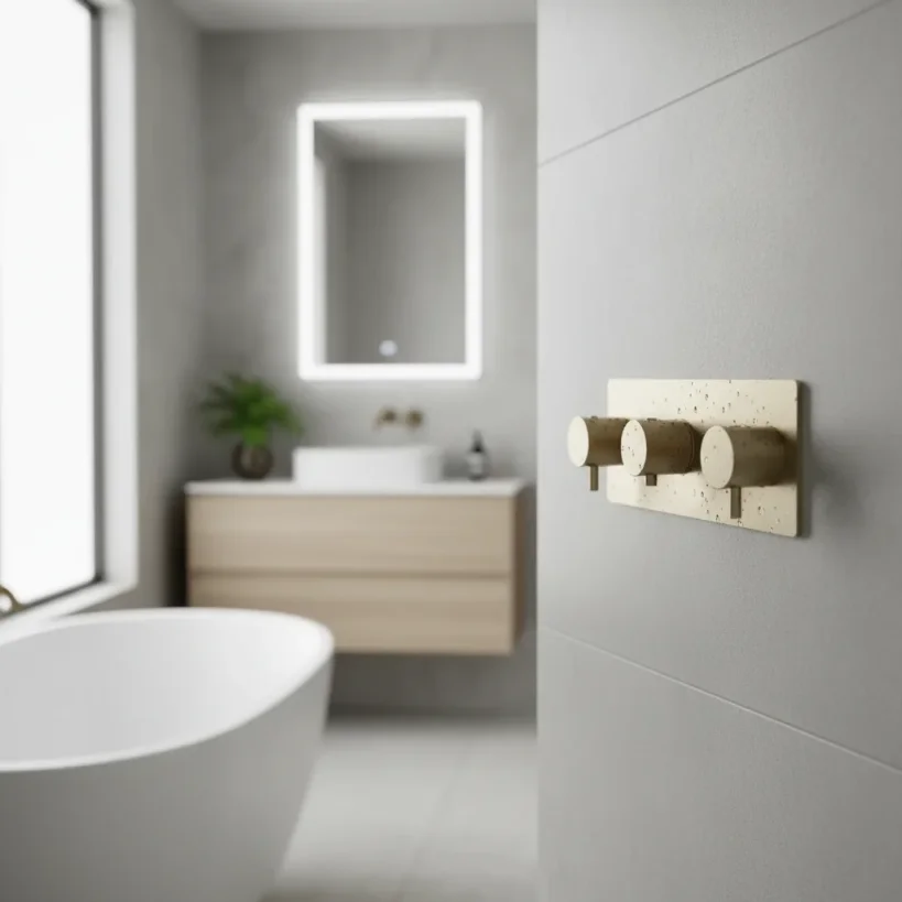 Ava Trend 3 Way 3 Handle Thermostatic Valve W/ Backplate 3.0 - Brushed Brass detail view - Image 4