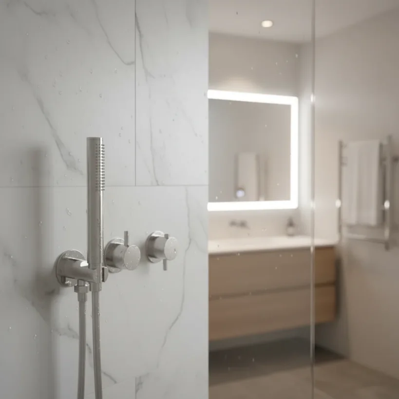 Ava Trend 2 Way 2 Handle Thermostatic Valve With Built In Hand Shower W/3 Hole Flanges 3.0 - Polished Stainless Steel detail view - Image 3