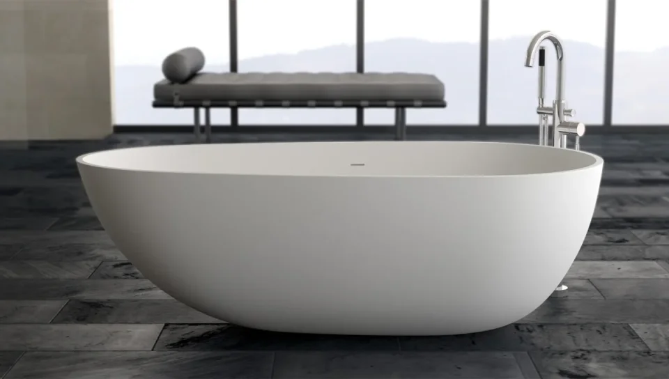 StoneKAST Ovale Single Ended Freestanding Bath 1700 x 870mm Matt White detail view - Image 2